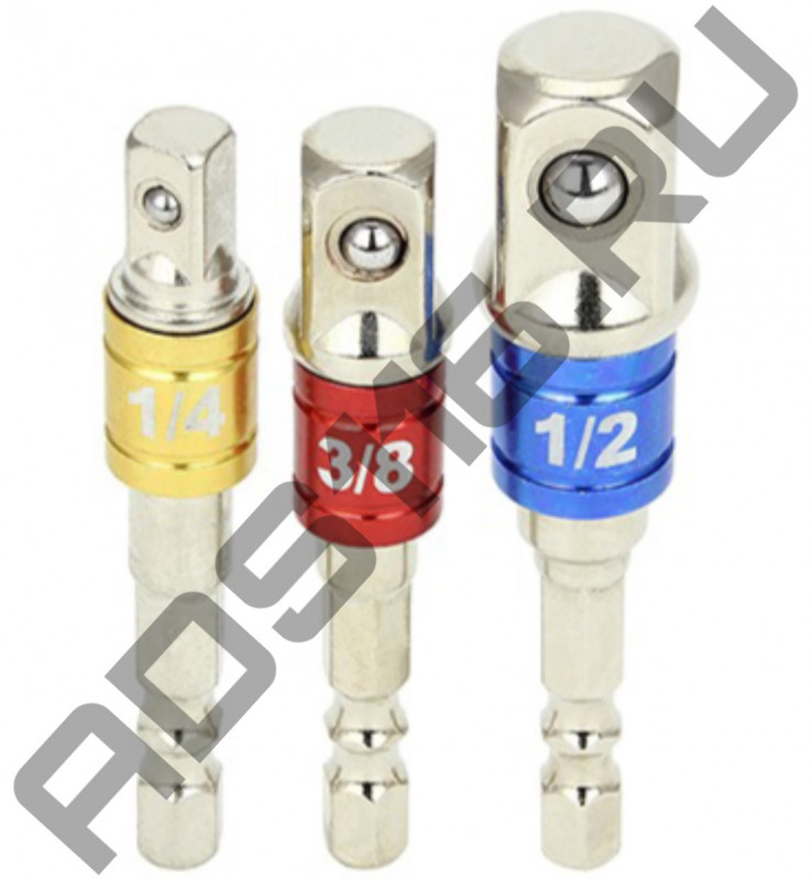 Набор адаптеров для торц. головок Е 1/4 на квадрат 1/4,3/8,1/2 L=65-73мм